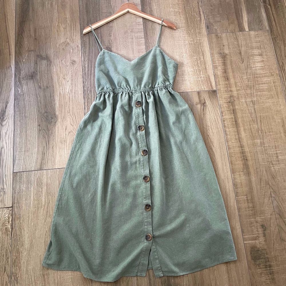 Zara TRF Dress Womens Large Green Linen Blend Sundress